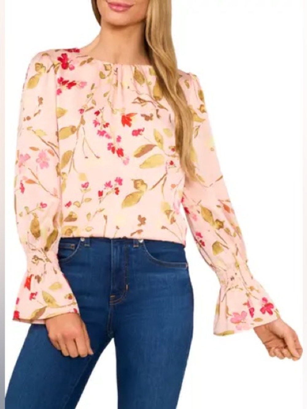 CeCe Tulip Fields‎ Floral Blouse Balloon Sleeve Ruffle Cuff Romantic Coral Pink
